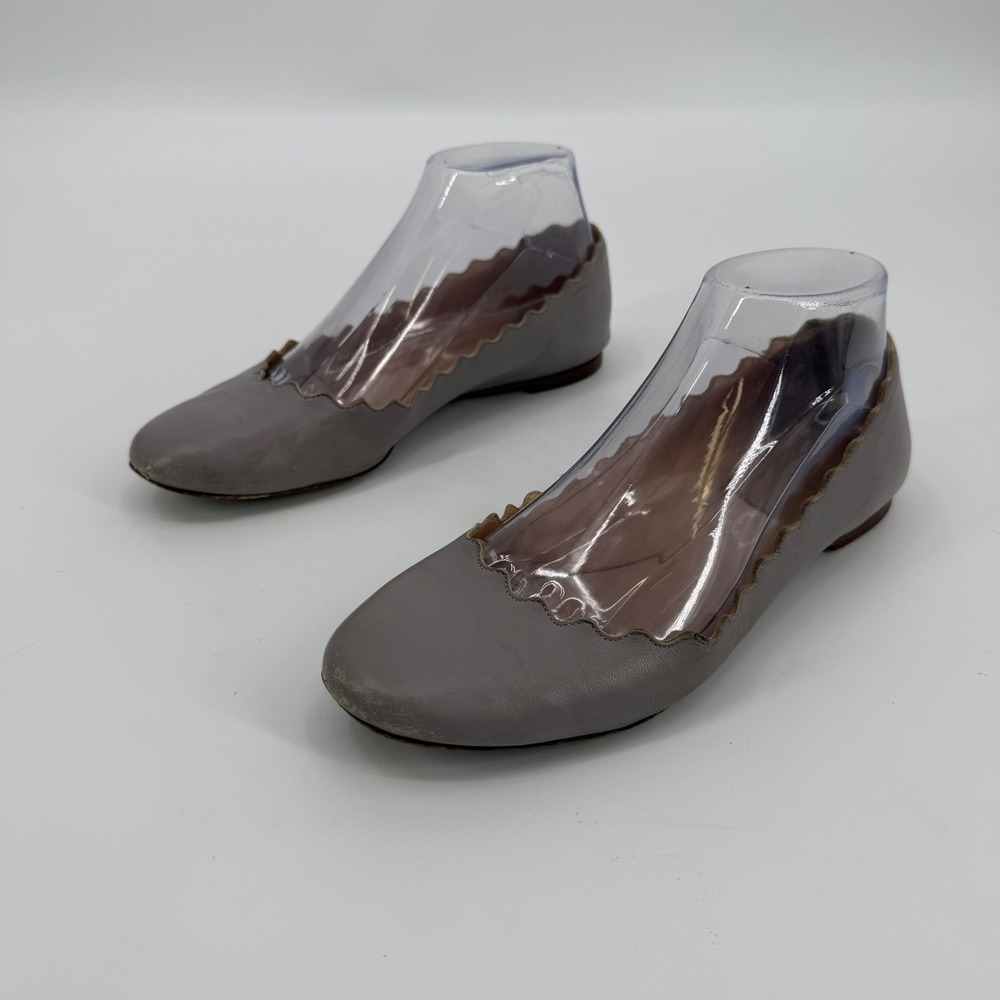 Chloe Lauren Scalloped Ballet Flats Grey Leather Size 37 Designer Shoes